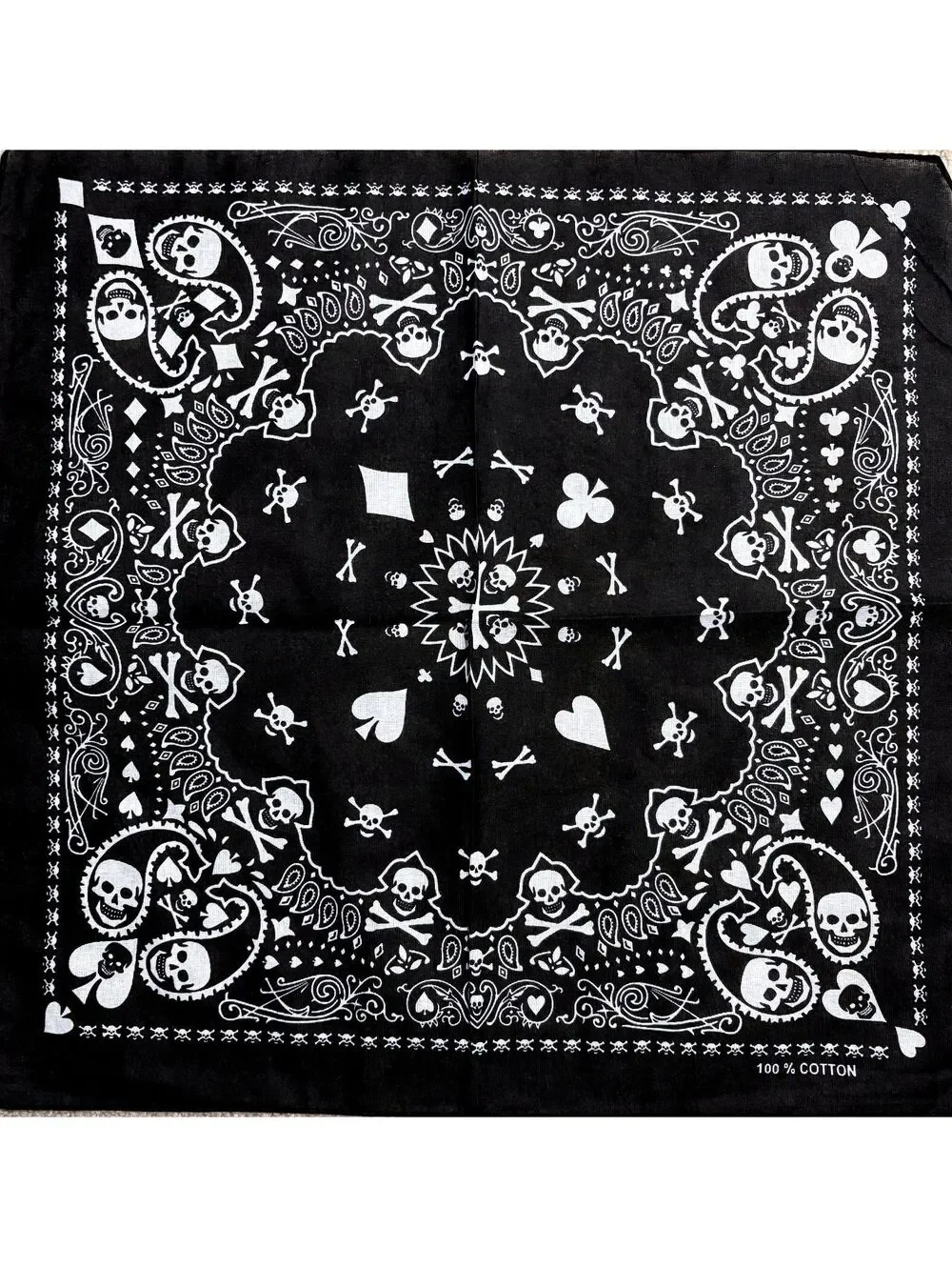 Black and White Skull and Crossbones Cotton Bandana with Card Suit Symbols